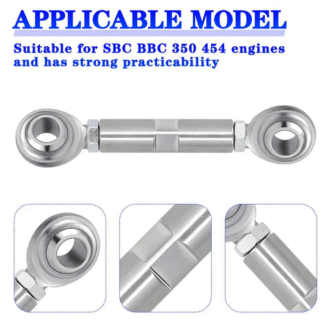 Five And A Half Inch Adjustable Tensioning Rod Heim Joint For Alternator Beefy Heavy Duty Stainless Steel Build Drop In Ready Compatible With Small Block Chevy And Big Block Chevy 350 454 Engines Pro Grade Replacement, stainless steel Heim joint close-up for SBC BBC 350 454