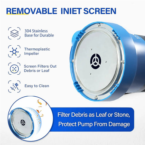 Close-up of removable inlet screen on One Half Horsepower Submersible Water Pump With Stainless Steel Base 2450 GPH Portable Sump Pump