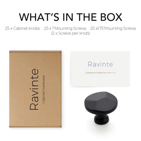 Set of 25 Pack Matte Black Round Cabinet Hardware Knobs Solid Zinc Alloy One Hole Drawer Pulls with screws and box.