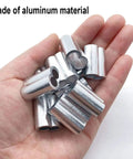 Pack Of 50 Aluminum Crimping Loop Sleeves For One Quarter Inch Wire Rope And Cable, 6mm Diameter, Double Hole Ferrule Crimps, Easy Lock With Vise Or Pliers, Built Tough, Anti Corrosion Durable Aluminum Cable Fittings, aluminum sleeves in hand