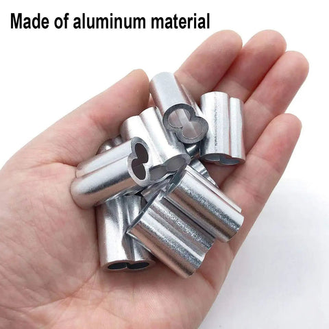 Pack Of 50 Aluminum Crimping Loop Sleeves For One Quarter Inch Wire Rope And Cable, 6mm Diameter, Double Hole Ferrule Crimps, Easy Lock With Vise Or Pliers, Built Tough, Anti Corrosion Durable Aluminum Cable Fittings, aluminum sleeves in hand