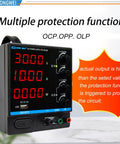 Variable DC Power Supply 0 To 30V 10A Bench Regulated Switching Power Supply With 4 Digit LED Display Coarse And Fine Adjustments Alligator Leads Included Hobbyist Friendly Black with protection functions displayed.