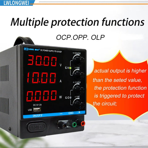 Variable DC Power Supply 0 To 30V 10A Bench Regulated Switching Power Supply With 4 Digit LED Display Coarse And Fine Adjustments Alligator Leads Included Hobbyist Friendly Black with protection functions displayed.
