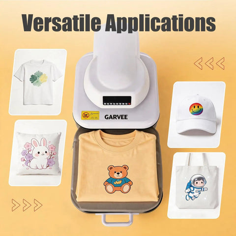 EcoSummer Automatic Electric Heat Press Machine With Digital Control Panel For Custom T Shirt Printing Portable Heat Transfer Design Tool Easy Use Precision Temperature And Time Settings with various designs on fabric.