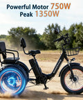 Adult Folding Electric Tricycle With Passenger Seat And Wide Tires 350W Motor 750W Peak Up To 20 MPH 25 To 30 Mile Range 48V 15Ah Aluminum Frame 7 Speed Three Wheel E Trike For All Day City Cruising with rear passenger seat and front basket