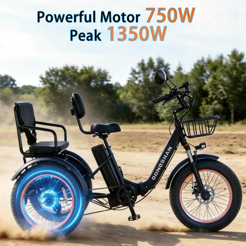 Adult Folding Electric Tricycle With Passenger Seat And Wide Tires 350W Motor 750W Peak Up To 20 MPH 25 To 30 Mile Range 48V 15Ah Aluminum Frame 7 Speed Three Wheel E Trike For All Day City Cruising with rear passenger seat and front basket
