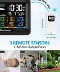 Ultimate Wireless Weather Station With Indoor And Outdoor Temperature And Humidity Readouts Atomic Clock Barometric Pressure Forecast USB Port Four Sensor Zones And A Big Easy To Read Display For Home Office Bedroom showing main display and remote sensors