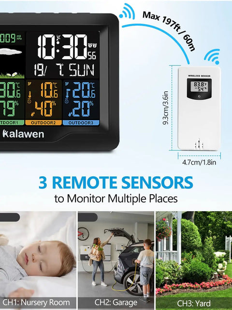 Ultimate Wireless Weather Station With Indoor And Outdoor Temperature And Humidity Readouts Atomic Clock Barometric Pressure Forecast USB Port Four Sensor Zones And A Big Easy To Read Display For Home Office Bedroom showing main display and remote sensors