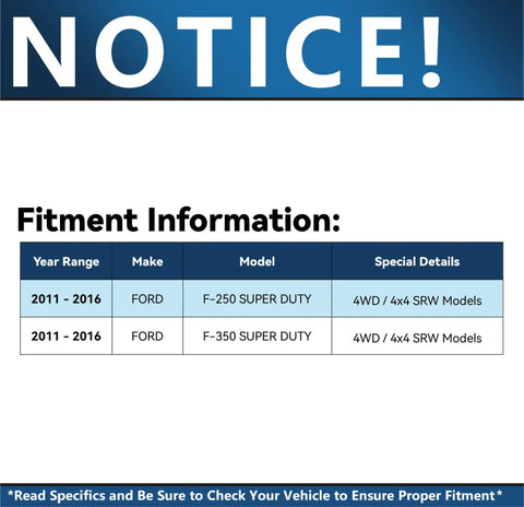Fitment chart for 4x4 Front Wheel Bearing Hub Assembly For Ford F-250 F-350 Super Duty 2011-2016 SRW Models Direct Fit