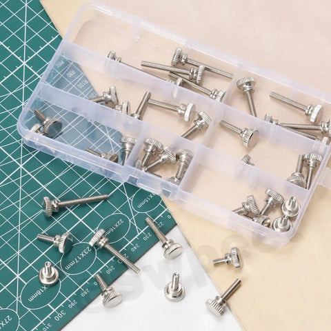 Hella Secure M4 Knurled Thumb Screws Assortment Kit With Nickel Plated Flat Heads and fully threaded shaft in clear case.