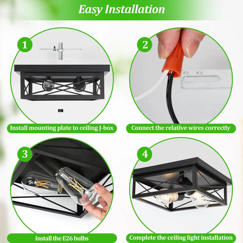 Easy installation guide for 2 Light Industrial Square Flush Mount Ceiling Light Fixture For Kitchen And Hallway, Modern Black Farmhouse