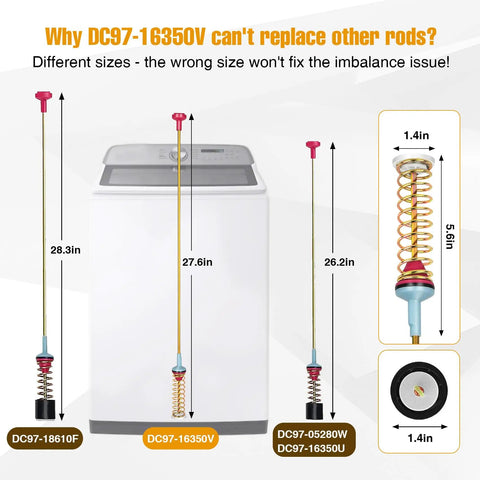 Washer Suspension Rods Replacement Kit 27.6 Inch Compatible With WA54R7200AW US diagram showing rod sizes