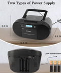 Retro Boombox CD Player And Cassette Player Combo with Bluetooth USB TF Card FM Radio AUX AC DC powered, size diagram.
