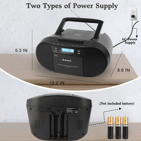 Retro Boombox CD Player And Cassette Player Combo with Bluetooth USB TF Card FM Radio AUX AC DC powered, size diagram.