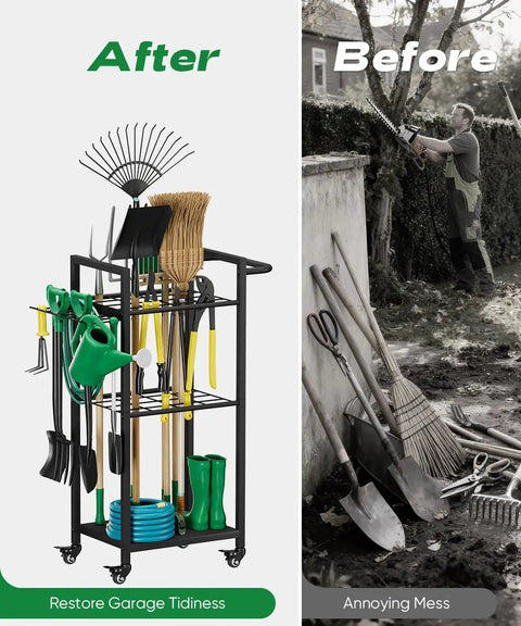 Before and after of garage with Heavy Duty 3 Tier Metal Garden Tool Organizer On Wheels With Side Hooks Freestanding Garage