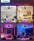 Sleek 24 Inch Rgb Ceiling Fan With Built In Lights And Wireless Remote in living room, kitchen, bedroom, and activity room settings.