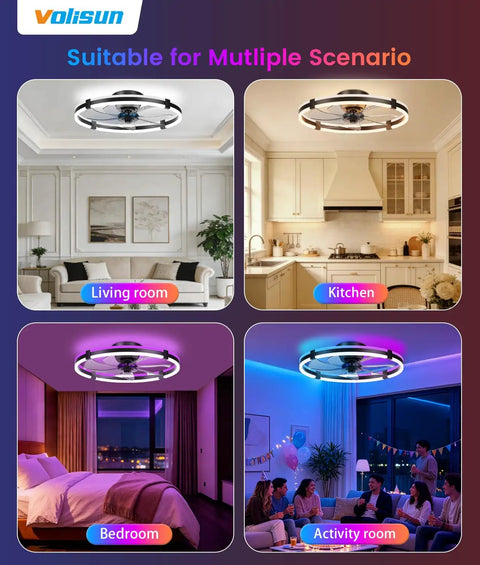 Sleek 24 Inch Rgb Ceiling Fan With Built In Lights And Wireless Remote in living room, kitchen, bedroom, and activity room settings.