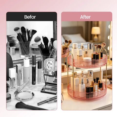 Before and after images of the Total Game Changer, 360 Rotation Makeup Organizer For Vanity Desk, showing cluttered and organized storage.