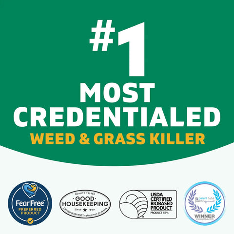#1 most credentialed weed killer with multiple certifications displayed, includes Fear Free and USDA biobased product badges.
