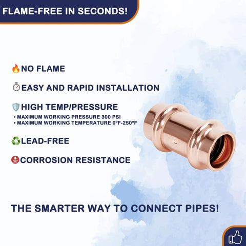 3/4 Inch Copper Press Fittings Coupling With Stop Zero Lead P To P, 10 Pack for Plumbing, displayed with key features