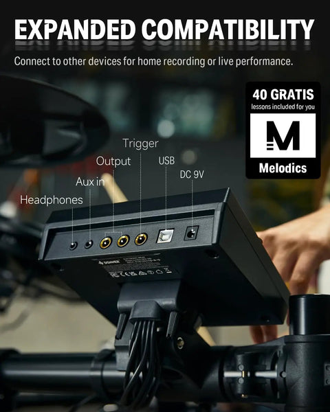 Back panel of DED-200X Electronic Drum Set With Quiet Mesh Pads showing connection ports and Melodics lessons offer