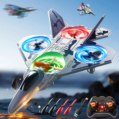 Mini Stunt RC Plane Drone With LED Lights, 2.4GHz Remote, visible with bright LED propellers and remote control on rugged terrain