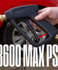 Person holding Short Pressure Washer Gun 3600 Max PSI With M22 Connector For Gas And Electric Washers near car