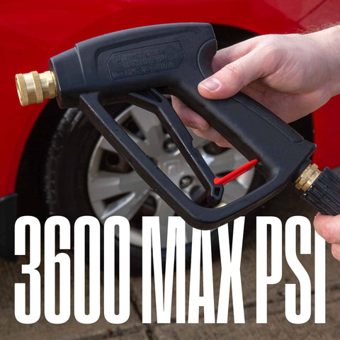 Person holding Short Pressure Washer Gun 3600 Max PSI With M22 Connector For Gas And Electric Washers near car