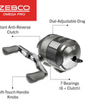 Omega Pro Size 30 Spincast Fishing Reel With Dual Ceramic Pick Up Pins Solid Brass Pinion Gear GlideLine II Line Retrieval System Pre Spooled 10 Pound Line Braid Ready Black Finish For Smooth Tangle Free Casting with labeled features.