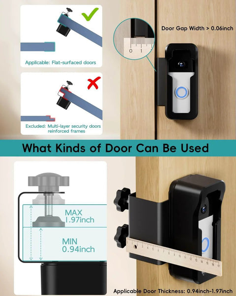 Anti-Theft Video Doorbell Mount No-Drill Install For Homes, Apartments, And Businesses showing compatibility with various door types.