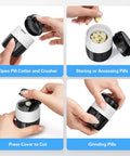 Collage of 3 In 1 Pill Crusher And Cutter With Stainless Steel Grinding Head And Storage showing use methods and pill storage.