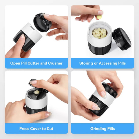Collage of 3 In 1 Pill Crusher And Cutter With Stainless Steel Grinding Head And Storage showing use methods and pill storage.