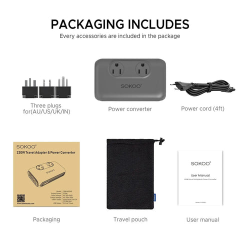 230 Watt Step Down Voltage Converter For Global Travel Use 100 To 220V To 110V Transformer With USB Quick Charger 3.0 Your Go To Travel Charger Universal Power Adapter For EU UK AU US India And 150 Plus Countries Grey packaging includes power converter, plugs, cord, pouch, manual