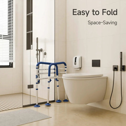 Rock-solid Aluminum Toilet Safety Frame And Adjustable Rail For Seniors Extends From 24 To 30 Inches Heavy Duty Bathroom Grab Bar in bathroom.