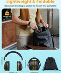 Person packing Ultra Comfy Noise Cancelling Ear Muffs For Adults And Kids 31dB Hearing Protection into a bag, showing foldable design.