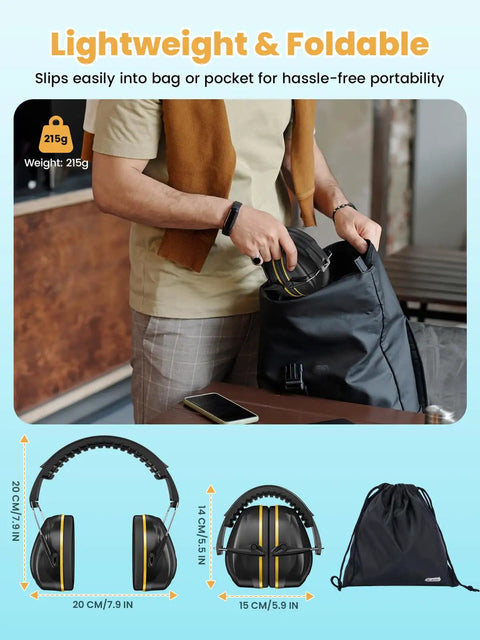 Person packing Ultra Comfy Noise Cancelling Ear Muffs For Adults And Kids 31dB Hearing Protection into a bag, showing foldable design.