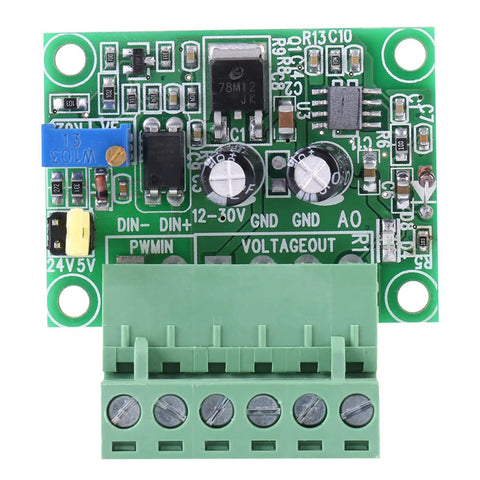 0-10V Digital to Analog Converter Module for Industrial Control Panels, green circuit board with terminal block connectors
