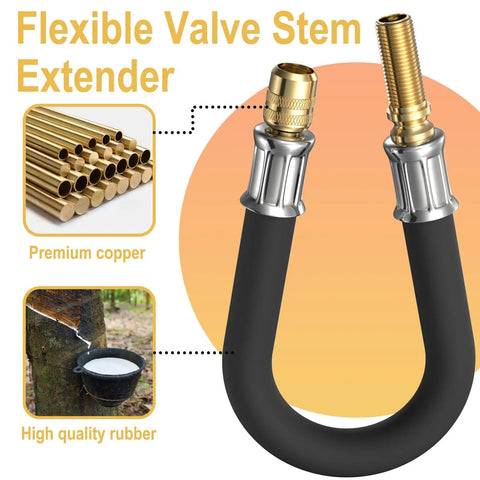 Flexible Tire Valve Extender Kit 8.25 Inch 90 Degree Schrader Adapter Universal Valve Stem Extension with premium copper and rubber.