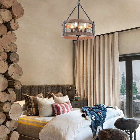 Bedroom with 4-Light Farmhouse Drum Chandelier Barn-Inspired With Rustic Wood Rings For Dining Room, Entryway, Kitchen, Bedroom, And Stairway Lighting, Black Metal Finish And Natural Wood Accents, 17.8 Inch Diameter hanging above bed