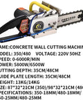 Heavy Duty Concrete Wall Saw That Tears Through Rough Walls And Carves Clean Grooves Up To Forty Eight Centimeters Deep With Zero Sweat And Minimal Dust Output, showing powerful motor and cutting depth specs.