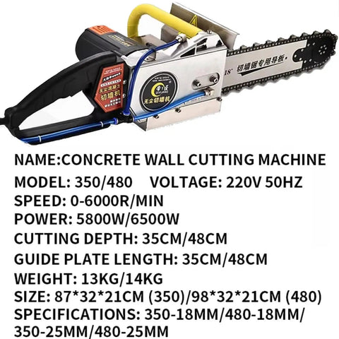 Heavy Duty Concrete Wall Saw That Tears Through Rough Walls And Carves Clean Grooves Up To Forty Eight Centimeters Deep With Zero Sweat And Minimal Dust Output, showing powerful motor and cutting depth specs.