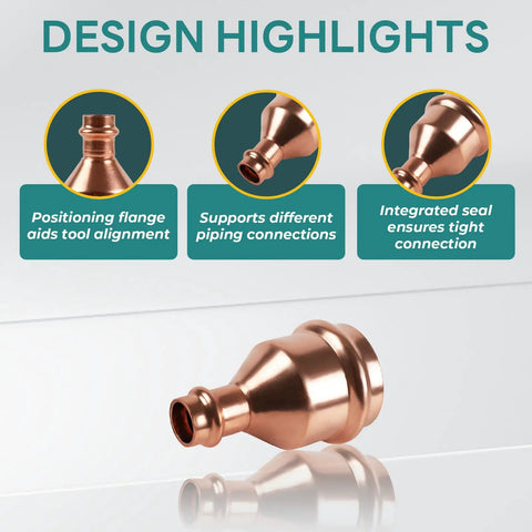 50 Pack Copper Press Reducer Couplings 2 Inch To Half Inch LF Brass Fittings showing design highlights and connection features.