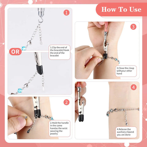 Instructional image showing use of 2 In 1 Bracelet Helper Tool For Self On Quick Release Jewelry Clasp Assist Bracelet And Necklace Fastener With Hidden Hook Anti Scratch Clip 197mm Extended Design For All Hand Sizes.