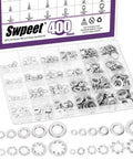 Front view of Swpeet 400-piece stainless steel washer assortment in a clear case; SAE 1/4 in, 5/16 in, 3/8 in sizes.