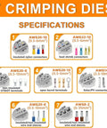Seven crimping dies for Nine Piece Ratcheting Crimping Tool Set With interchangable dies for AWG 22 to 2 and 0.5 to 35 sq mm connectors