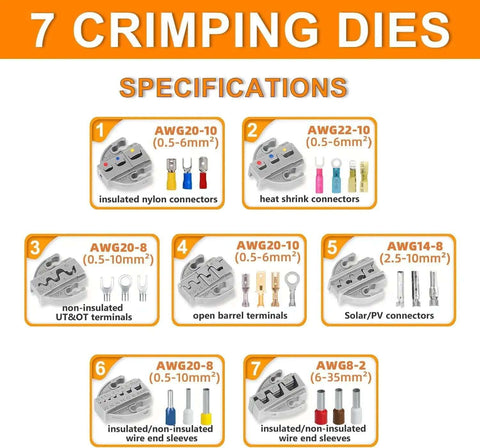 Seven crimping dies for Nine Piece Ratcheting Crimping Tool Set With interchangable dies for AWG 22 to 2 and 0.5 to 35 sq mm connectors