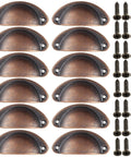 Rustic Copper Half Moon Cabinet Pulls 12 Pack Small Metal Kitchen Handles with screws for chest of drawers and other furniture hardware.