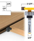 Top Bearing Slot Cutter Router Bit For 1/4 By 1/4 Inch Slots, 1-1/4 Inch Diameter With A 1/4 Inch Shank shown next to wooden groove