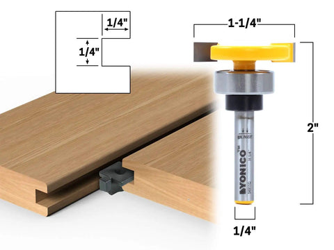 Top Bearing Slot Cutter Router Bit For 1/4 By 1/4 Inch Slots, 1-1/4 Inch Diameter With A 1/4 Inch Shank shown next to wooden groove