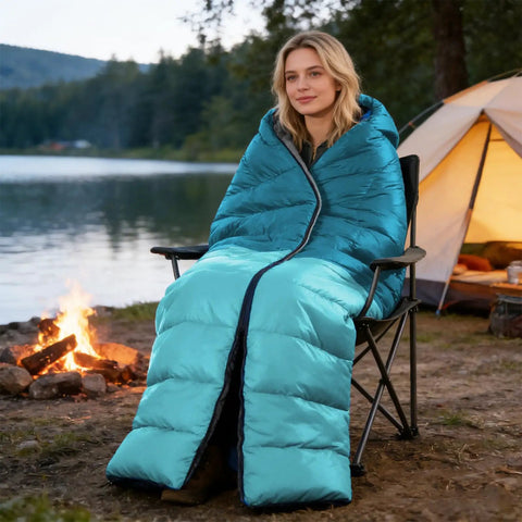 Person sitting by a campfire wrapped in All Weather Sleeping Bag For Adults And Kids, Ultra Lightweight Waterproof Gear For Camping And Hiking